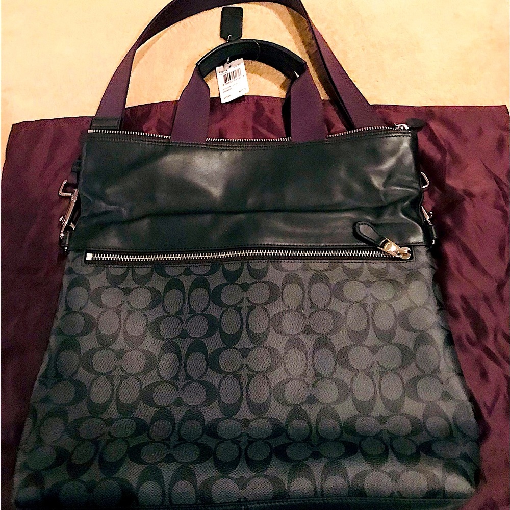 Coach Bag Unisex Gray and Black Leather, NWT has two different dark brown straps